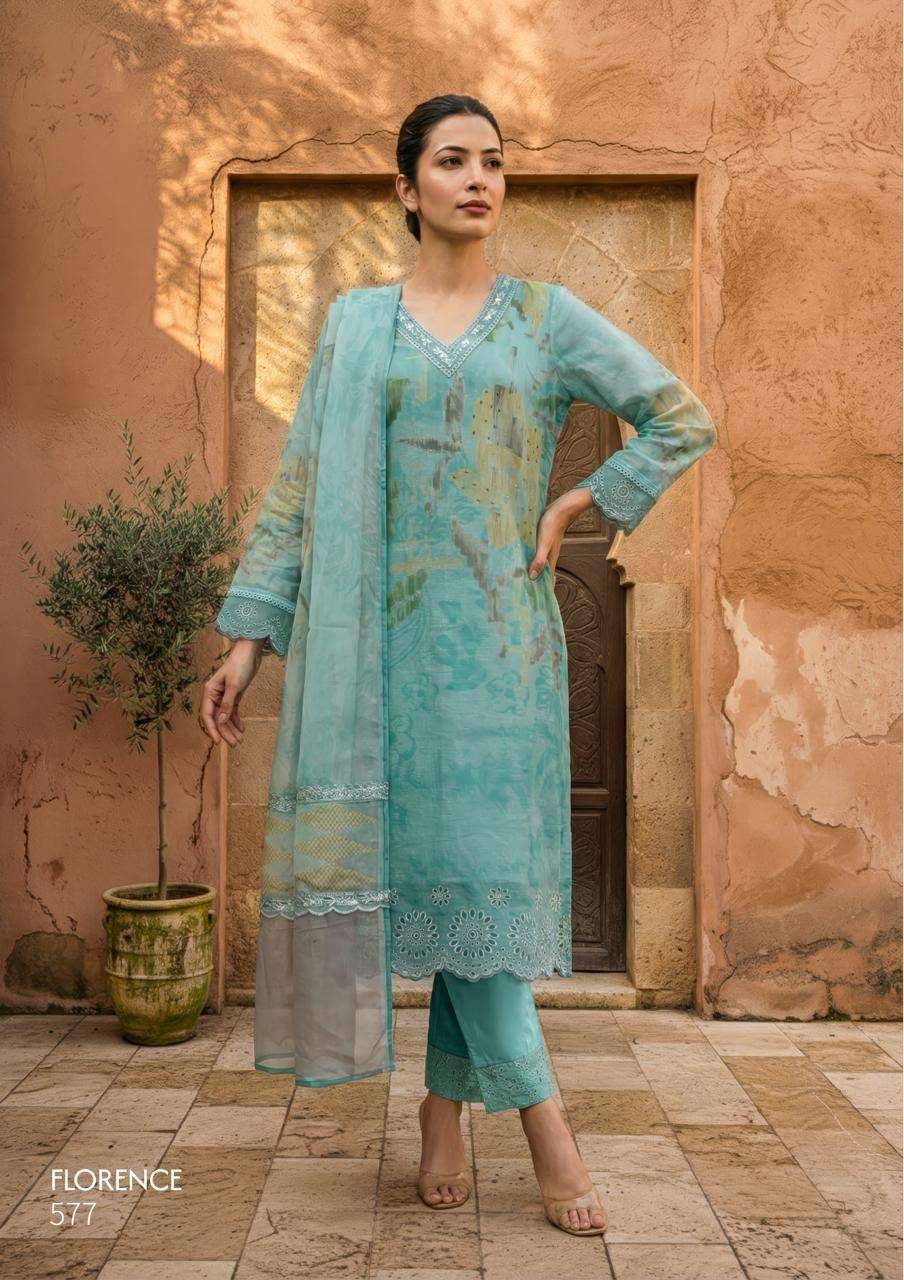 FLORENCE By T&M 515 TO 521 Beautiful Festive Suits Stylish Colorful Fancy Casual Wear Organdy Digital Print Dresses At Wholesale Price